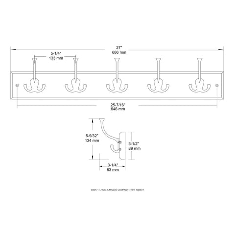 Technical drawing of Wall Mounted Coat Rack With Five Decorative Hooks, 27 Inch, Satin Nickel And White, dimensions shown.