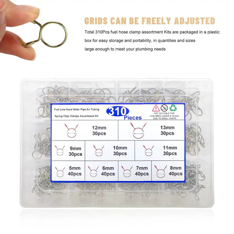 310 Piece Spring Hose Clamps Set 5 To 13mm Nine Sizes Universal Fuel Line Water Pipe Air Tubing Fasteners Kit box