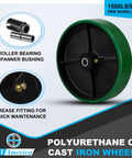 Heavy Duty Industrial Caster Wheels 8 By 2 Inches Green Polyurethane with roller bearing spanner bushing and grease fitting