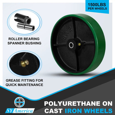 Heavy Duty Industrial Caster Wheels 8 By 2 Inches Green Polyurethane with roller bearing spanner bushing and grease fitting