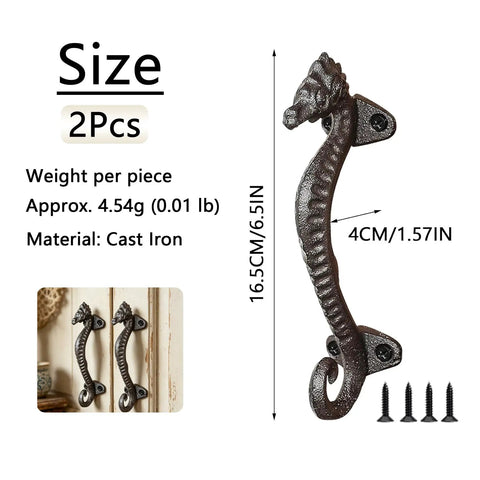 Two Pack Seahorse Cast Iron Door Handles Set, Heavy Duty Rustic Barn Cabinet Pulls dimensions and details view