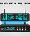 4 Channel UHF Wireless Microphone System With 4 Handheld Mics, Metal Receiver showcasing frequency and volume control