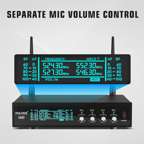 4 Channel UHF Wireless Microphone System With 4 Handheld Mics, Metal Receiver showcasing frequency and volume control