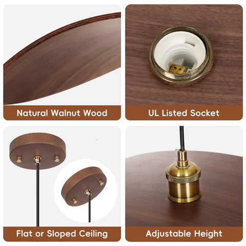 33.4" Large Wood Pendant Lights, Mid-Century Modern Natural Black Walnut Wood Pendant Light Fixture with UL listed socket.