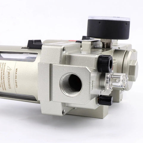 Close-up of a Half Inch Npt All In One Three Unit FRL Combo for compressed air with poly bowl and metal guard