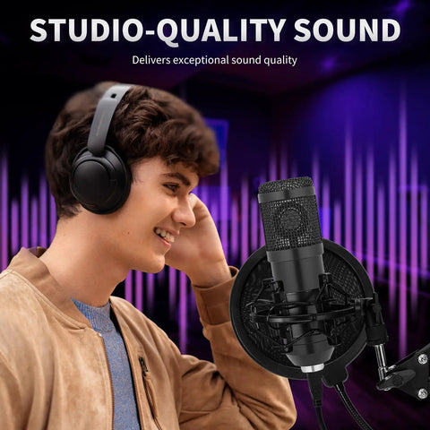 Condenser USB Microphone Kit With Cardioid Pattern For Studio Streaming And Podcasting Plug And Play With Adjustable Scissor Arm Great For PC Mac YouTube Gaming Meetings with a headphone-wearing user in background