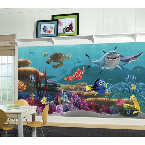 Disney Pixar Finding Nemo Peel And Stick Wall Mural featuring ocean scene in kids room, 10.5 ft x 6 ft mural with coral reef.