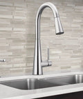 Modern Deck Mounted Kitchen Soap Dispenser S3947C with chrome finish next to faucet, refillable bottle visible