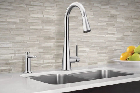 Modern Deck Mounted Kitchen Soap Dispenser S3947C with chrome finish next to faucet, refillable bottle visible