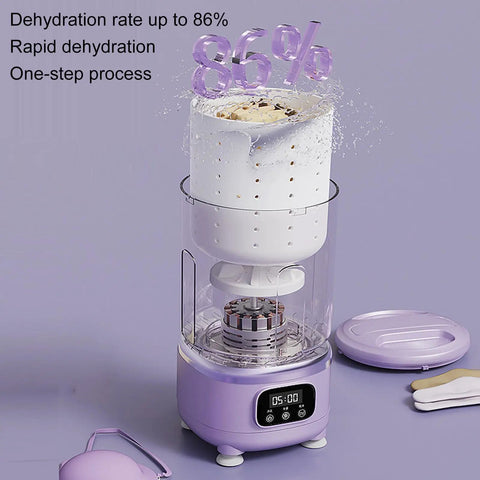 Game Changing Portable Mini Washing Machine Cordless Compact Laundry Spin Dryer Travel Ready Nifty Handheld Solution For Socks Underwear And Baby Laundry In Apartments Dorms, featuring a purple container and digital display.