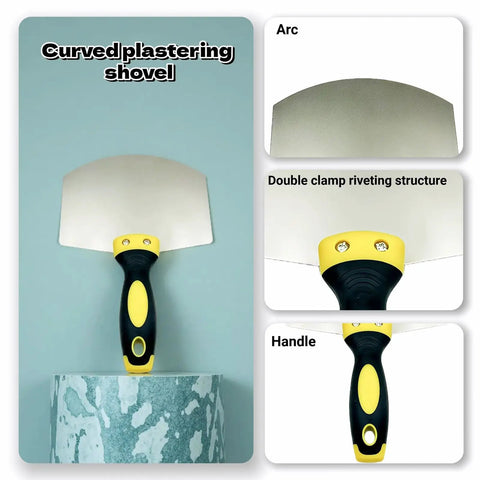 Curved Plastering Trowel With Stainless Steel Arc Blade For Drywall Spackle And Putty Applications, shown with handle and rivets.