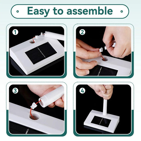 Assembly steps for Solar Powered Windmill Model For Desk And Classroom Use, showing solar panel and connector setup.