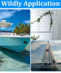 Three images showing different marine applications: a motorboat in a tropical setting, a sailboat on the water, and a window with blinds.