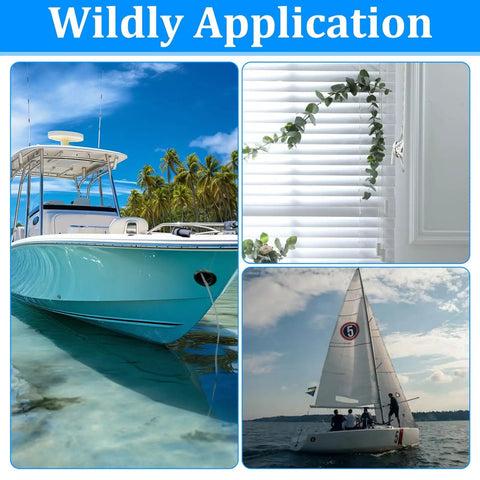 Three images showing different marine applications: a motorboat in a tropical setting, a sailboat on the water, and a window with blinds.