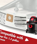 1.5-Gallon All Around Collection Bag 6 Pack For Small Vacuums, Premium Dust Bags displayed with compatible Shop-Vac 1.5-gallon vacuum