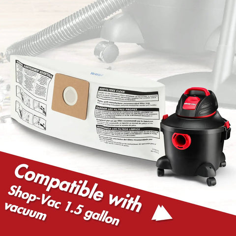1.5-Gallon All Around Collection Bag 6 Pack For Small Vacuums, Premium Dust Bags displayed with compatible Shop-Vac 1.5-gallon vacuum