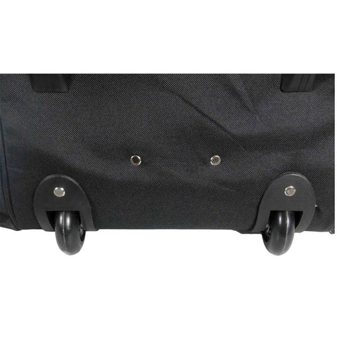 Bottom view of Beefy Wheeled Tool Duffel Bag With Slick Rollers And Rock Solid Handles, featuring sturdy rollers for easy transport.