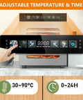 Heavy Duty Electric Food Dehydrator With Slick Touch Panel And Smart Dual Fans For Crafting Top Shelf Beef Jerky And Crispy Fruit Chips Without Any Fuss At Home, showing adjustable temperature settings.