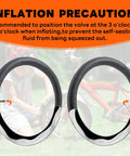 Self-Sealing 20 Inch Bike Tubes AV32mm With Schrader Valve shown with inflation precautions in background