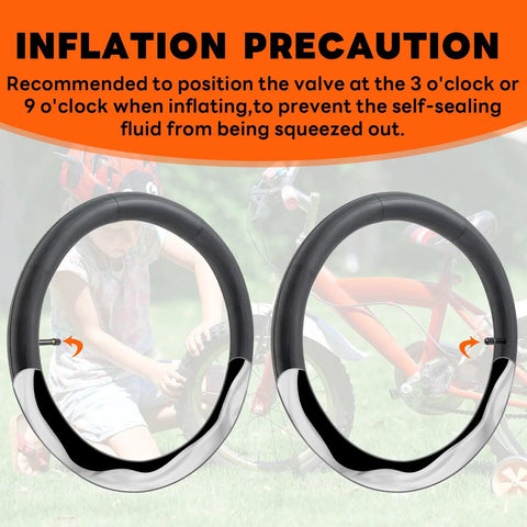 Self-Sealing 20 Inch Bike Tubes AV32mm With Schrader Valve shown with inflation precautions in background
