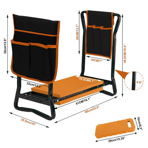 Heavy Duty Foldable Garden Kneeler And Seat With Two Tool Bags, adjustable metal frame, EVA cushion, side view dimensions