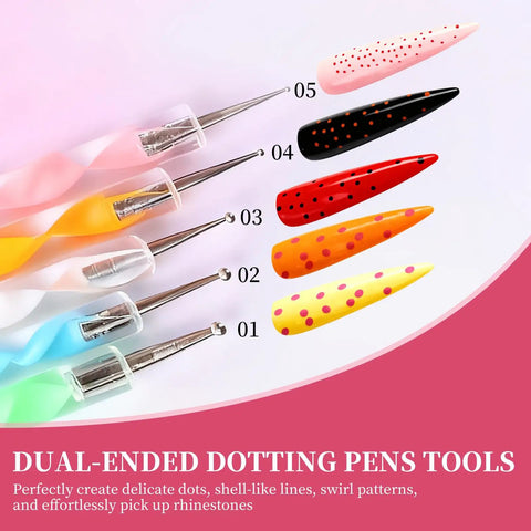 Close-up of dual-ended dotting tools from 25 Piece Nail Art Tools Set With Brushes Stand Dotting Tools Striping Pens Jelly Glue