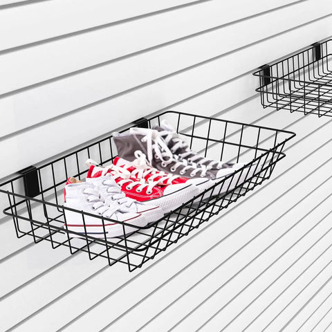 Four Pack Extra Large Slatwall Baskets For PVC Slatwall Panels Hanging Wire Storage Bins 24 By 12 By 4 Inches Ventilated Organizer Bins For Kitchen And Home Use showcasing black metal basket holding shoes on slatwall.