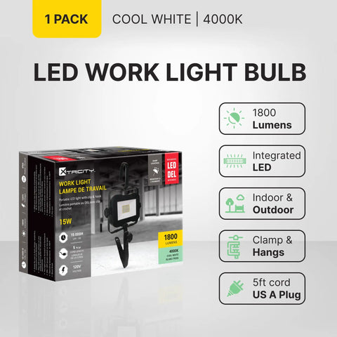 Portable LED Work Light With Clamp Or Hanging Hook That Slaps, 15W, 1800 Lumens, 4000K Cool White, IP65 Weatherproof packaging
