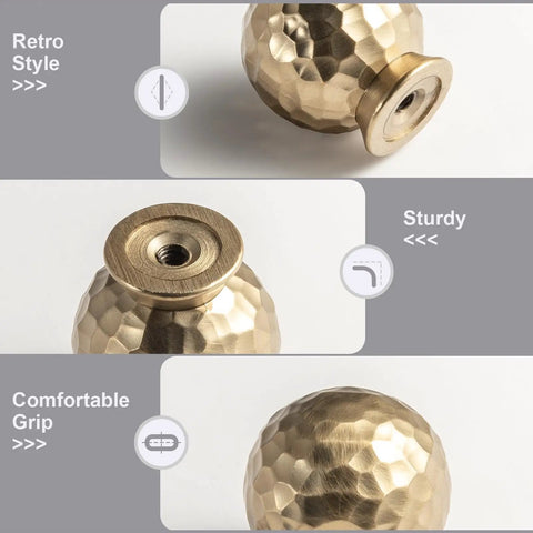 Close-up of Champagne Bronze Cabinet Knobs Set 6 Pack, Modern Hammered Ball Drawer Pulls showcasing retro style and texture.