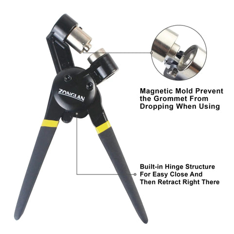 Heavy Duty Grommet Tool Kit 3/8 Inch Handheld Punch Pliers Set with 500 Pcs 10mm Silver Grommets featuring magnetic mold