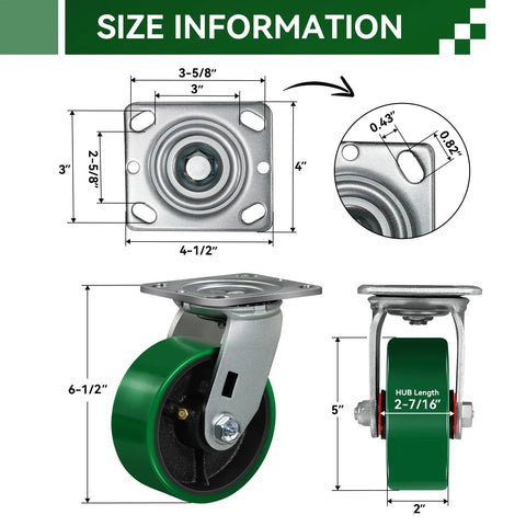 Industrial Swivel Caster Wheels Set Of 4 Heavy Duty Polyurethane Casters With 4000 Lb Load Capacity size dimensions