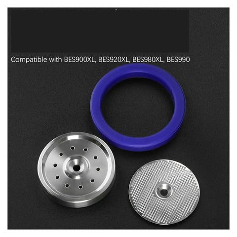 Dual Boiler Espresso Group Head Gasket Shower Screen Filter Replacement Kit Fits BES920XL Machines, includes blue rubber gasket and stainless steel filters.