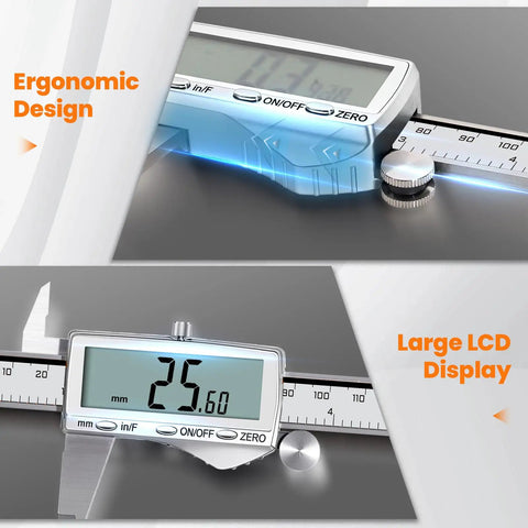 8 Inch Digital Caliper With Rechargeable USB Type C Power, large LCD screen showing measurement in millimeters, ergonomic design