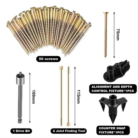No More Squeaks Floor Repair Kit with 50 screws, alignment and depth guide, and joist finding tools displayed.