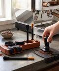 Premium Spring Loaded 51Mm Coffee Espresso Tamper Set Delivering Exact 30 Pound Pressure For Flawless Puck Prep and tools on countertop.