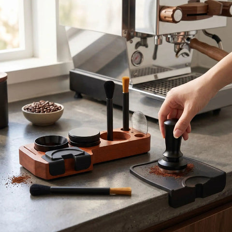 Premium Spring Loaded 51Mm Coffee Espresso Tamper Set Delivering Exact 30 Pound Pressure For Flawless Puck Prep and tools on countertop.