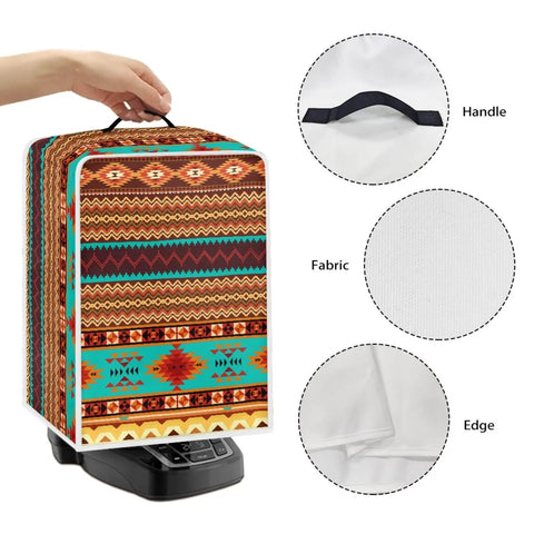 Real Deal Native American Geometric Stripe Waterproof Dust Cover Keeps Your Coffee Maker And Small Kitchen Appliances Totally Kickass Protected From Daily Wear While Being Pretty Dang Easy To Fold And Wash, shown on a coffee maker.