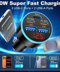 90W USB C Car Charger With 5 Fast Charge Ports And Digital Voltmeter Display showing 3 USB-C and 2 USB-A ports for fast charging.