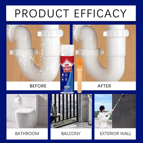Heavy Duty Waterproof Sealant Clear Spray For Multi Purpose Indoor And Outdoor Home Fixes Tough As Nails Adhesive Coating displayed in before and after images showing leak repair.