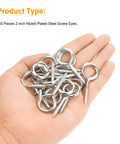 40 Pack 2 Inch Screw Eyes Nickel Plated Steel Self Tapping Eye Hooks Rust Resistant Metal Hardware held in hand.
