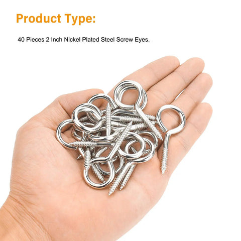 40 Pack 2 Inch Screw Eyes Nickel Plated Steel Self Tapping Eye Hooks Rust Resistant Metal Hardware held in hand.