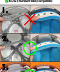 Comparison of hard hat suspension systems with indicators for sweatband liner compatibility; images showing tabs and no tabs examples.