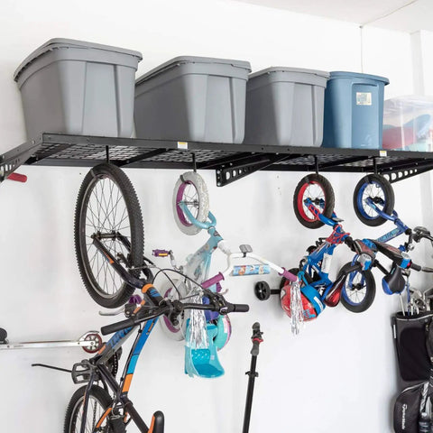 Garage showcasing Flat Hook Add On Storage Hooks For Ceiling Racks And Wall Shelving 6 Pack Heavy Duty Garage Organization Clips, bikes hung