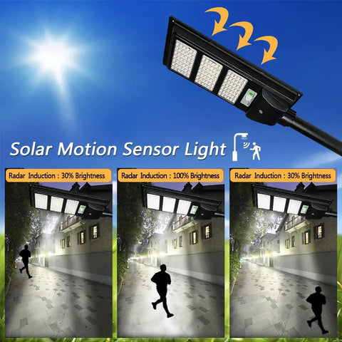 Dusk To Dawn Solar Street Light 50000LM With Motion Sensor Lit Outdoor LED Flood Light on pole, showing brightness levels.