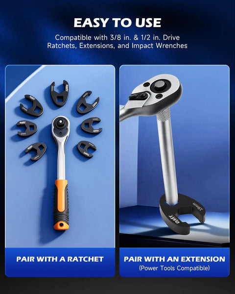 Crowfoot Wrench Set, 15-Piece 8-24 Millimeter Metric Flare Nut Wrenches With 1/2 Inch And 3/8 Inch Drive shown with ratchet and extension.