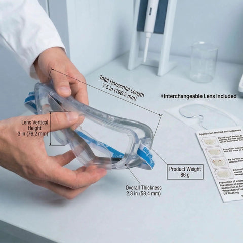 Killer Clarity Anti Fog Safety Goggles Over Glasses With Scratch Resistant Panoramic Shield And Spare Pairs Dual Foam Seal Ansi Z87 1 Certified shown being held with dimensions labeled.