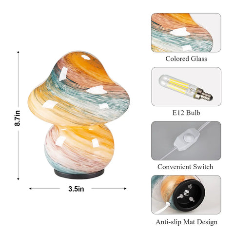 Pacifier Shaped Mushroom Lamp With Stepless Dimmable Glass Bedside Table Lamp, colorful Murano style with switch, bulb included