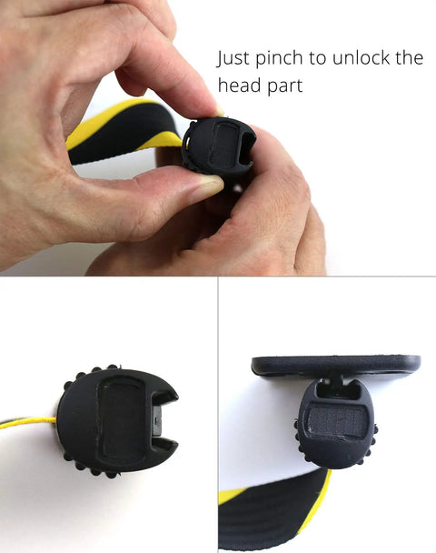 Close-up of unlocking mechanism on fixed wall mount retractable belt barrier with ABS case, black and yellow 16 ft belt.