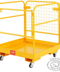 VEVOR forklift man basket with 36 x 36 in yellow steel base, welded grid guard, caster wheels, and chain.