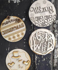 Round Baltic birch plywood Christmas ornaments set of 4 with laser-cut designs including Merry Christmas Welcome snowman